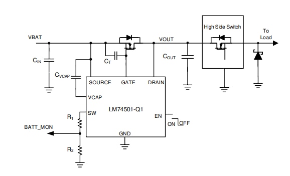 应用电路图 - Texas Instruments LM74501-Q1反向极性保护控制器